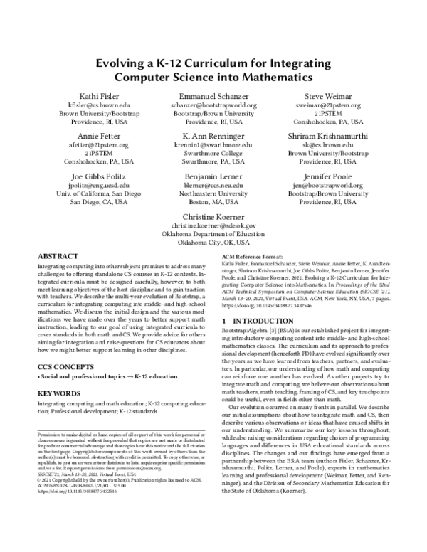 (PDF) Evolving a K-12 Curriculum for Integrating Computer Science into ...