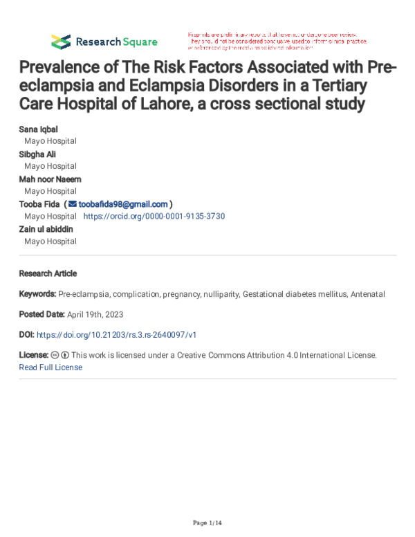 (PDF) Prevalence of The Risk Factors Associated with Pre-eclampsia and ...