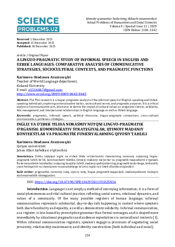(PDF) A LINGUO-PRAGMATIC STUDY OF INFORMAL SPEECH IN ENGLISH AND UZBEK ...