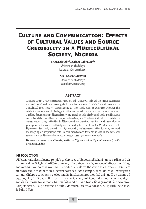 (PDF) Culture and Communication: Effects of Cultural Values and Source ...