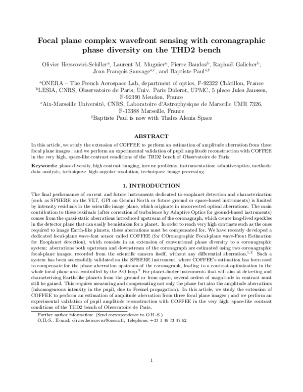 (PDF) Focal plane complex wavefront sensing with coronagraphic phase ...