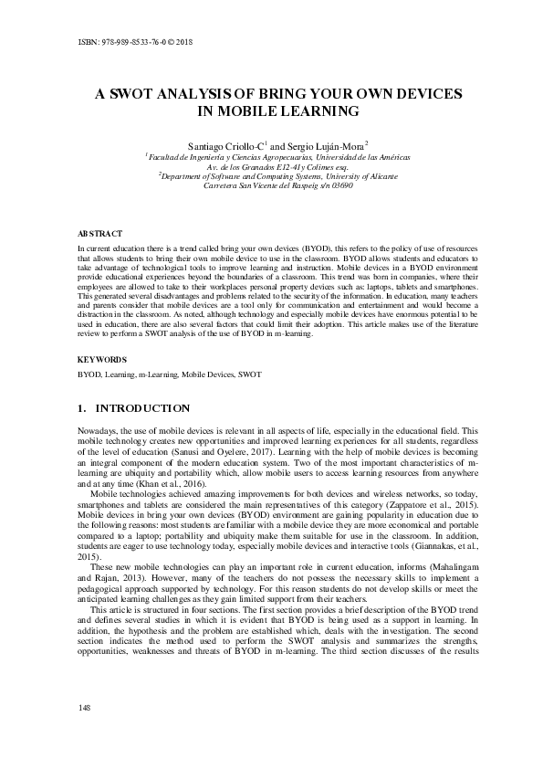 (PDF) A Swot Analysis of Bring Your Own Devices in Mobile Learning
