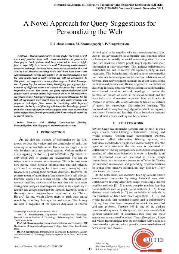 (PDF) A Novel Approach for Query Suggestions for Personalizing the Web