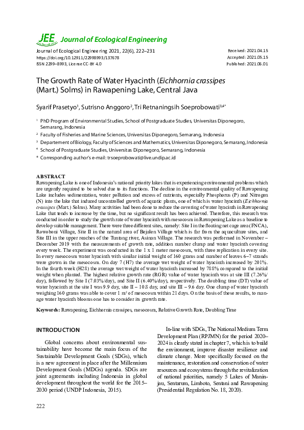 (PDF) The Growth Rate of Water Hyacinth ( Eichhornia crassipes (Mart ...