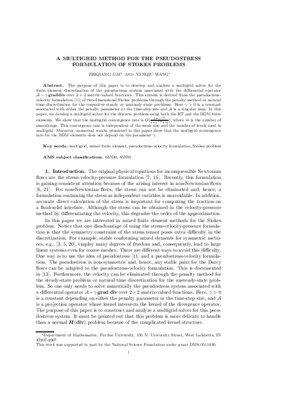 (PDF) A Multigrid Method for the Pseudostress Formulation of Stokes ...