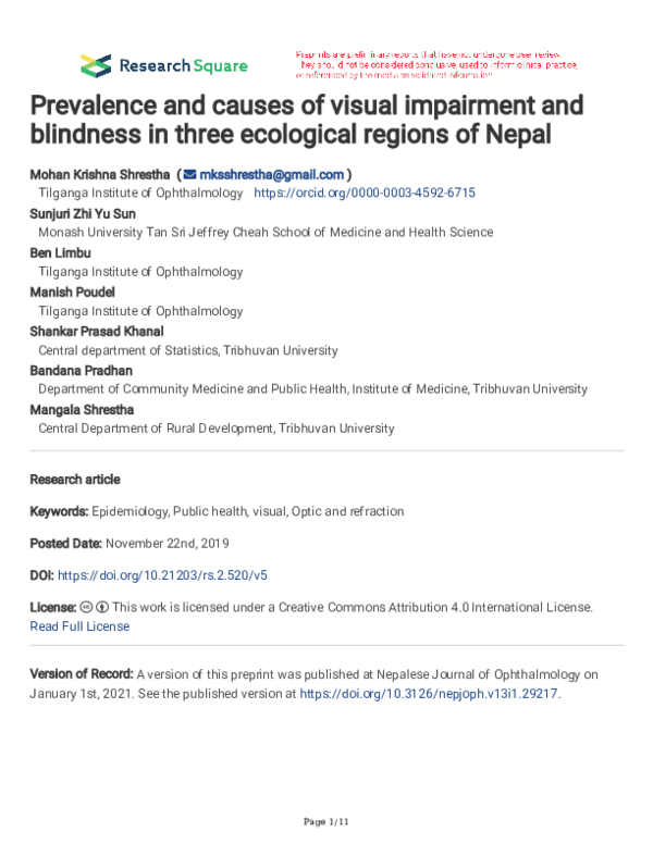 (PDF) Prevalence and causes of visual impairment and blindness in three ...