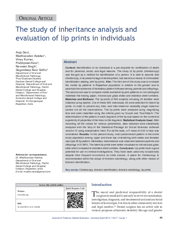 (PDF) The study of inheritance analysis and evaluation of lip prints in ...