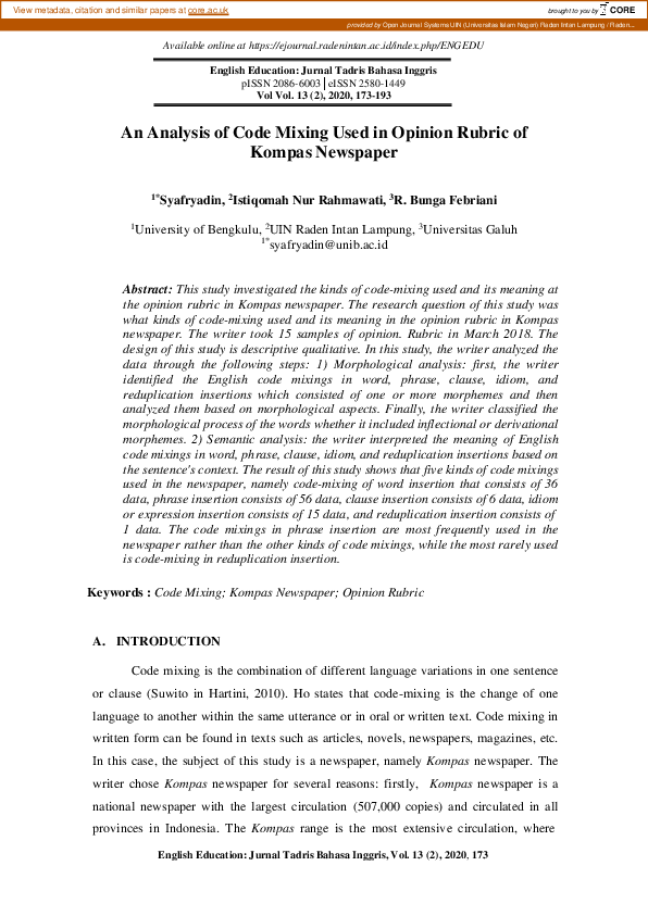 (PDF) An Analysis of Code Mixing Used in Opinion Rubric of Kompas Newspaper