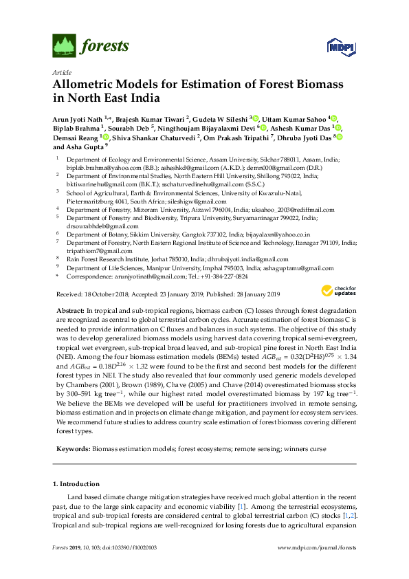 (PDF) Allometric Models for Estimation of Forest Biomass in North East ...