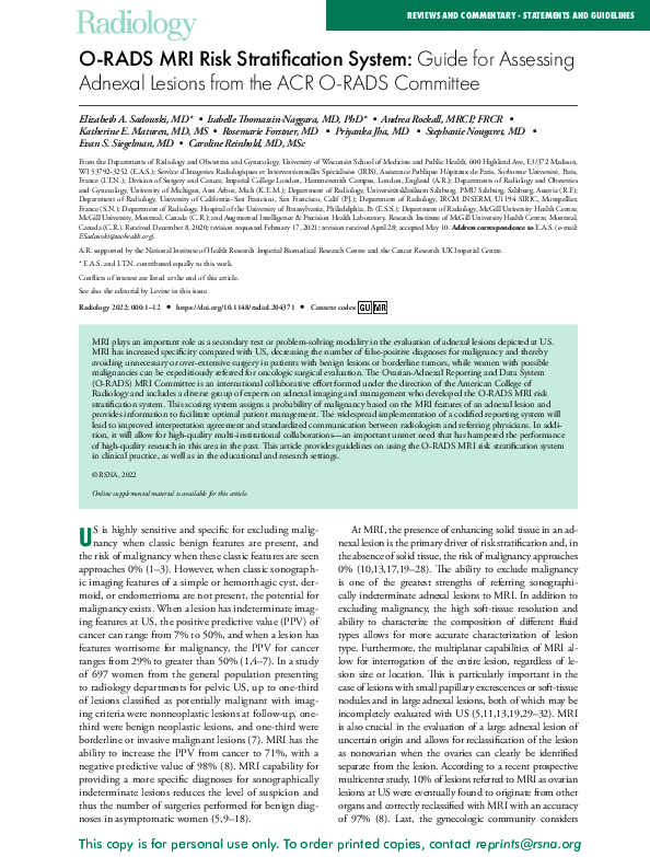 (PDF) O-RADS MRI Risk Stratification System: Guide for Assessing ...