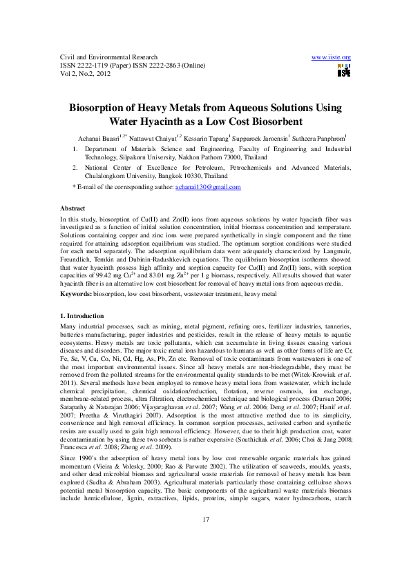 (PDF) 11.Biosorption of Heavy Metals from Aqueous Solutions Using Water ...