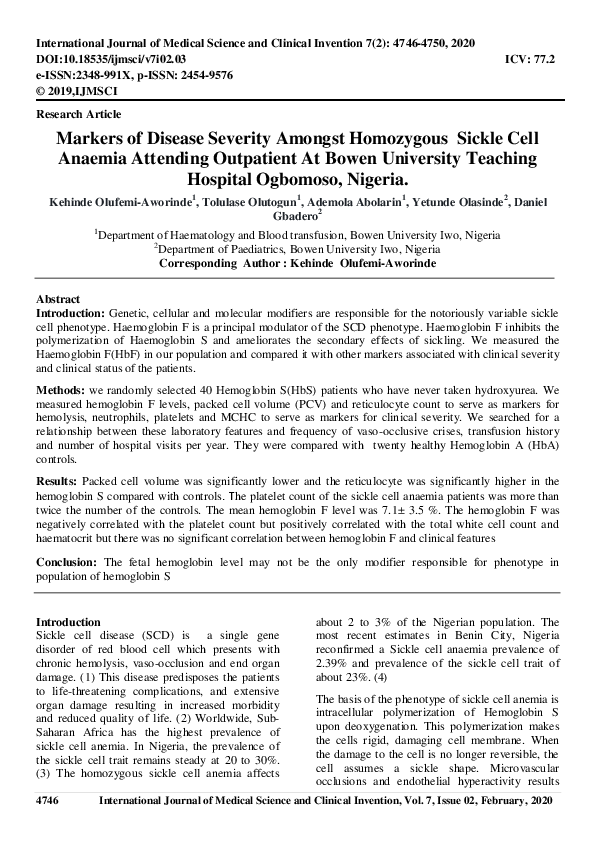 (PDF) Markers of Disease Severity Amongst Homozygous Sickle Cell ...