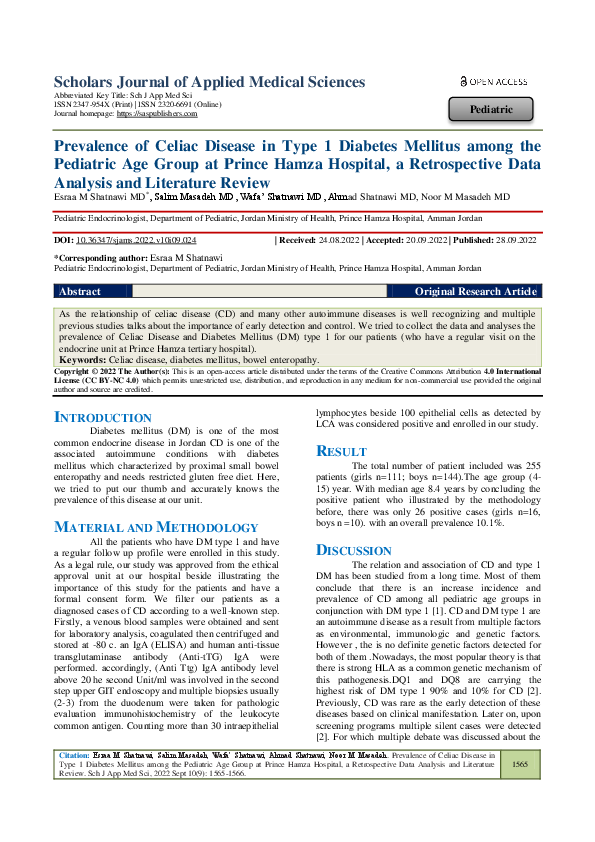 (PDF) Prevalence of Celiac Disease in Type 1 Diabetes Mellitus among ...