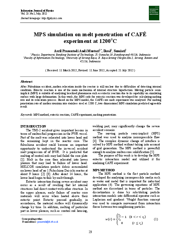 (PDF) MPS simulation on melt penetration of CAFÉ experiment at 1200 C