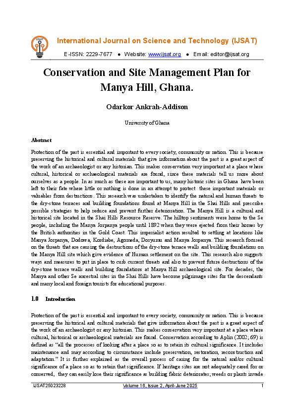 (PDF) Conservation and Site Management Plan for Manya Hill, Ghana