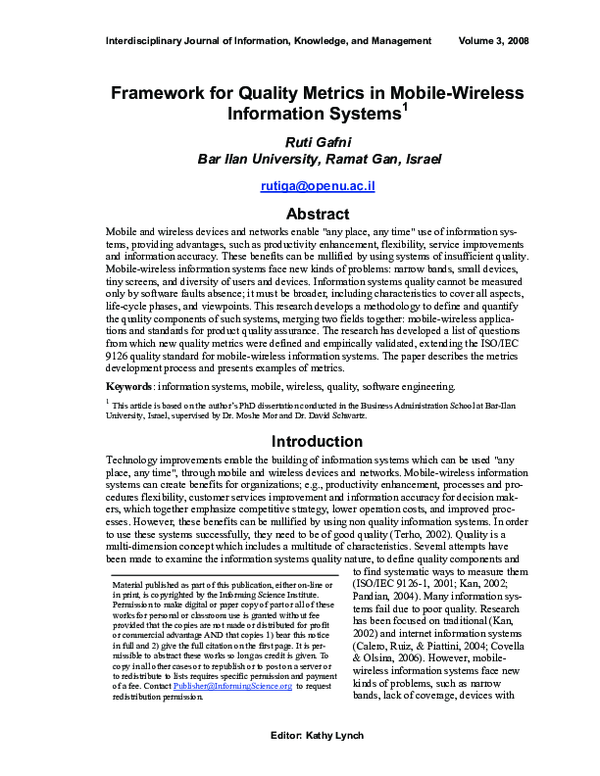 (PDF) Framework for quality metrics in mobile-wireless information systems