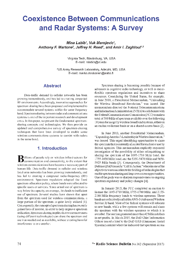 (PDF) Coexistence between communications and radar systems: A survey