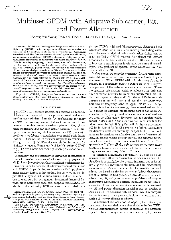 (PDF) Multiuser OFDM with adaptive subcarrier, bit, and power allocation