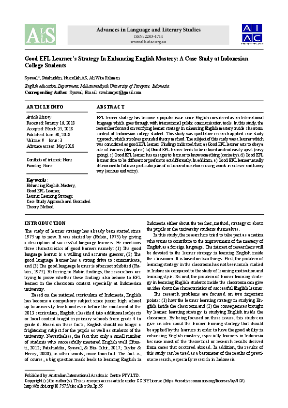 (PDF) Good EFL Learner’s Strategy In Enhancing English Mastery: A Case ...