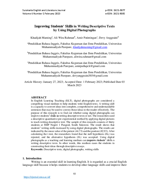 (PDF) Improving Students’ Skills in Writing Descriptive Texts by Using ...