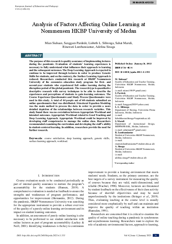 (PDF) Analysis of Factors Affecting Online Learning at Nommensen HKBP ...