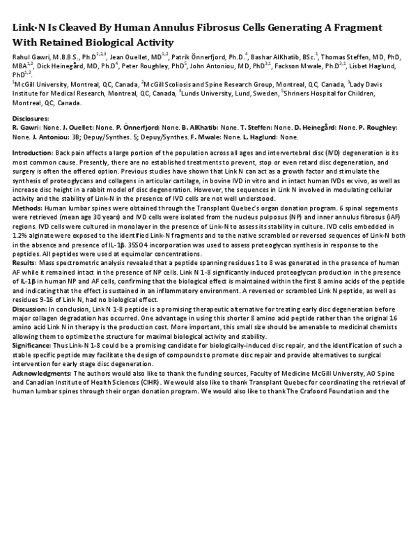 (PDF) Link-N Is Cleaved by Human Annulus Fibrosus Cells Generating a ...