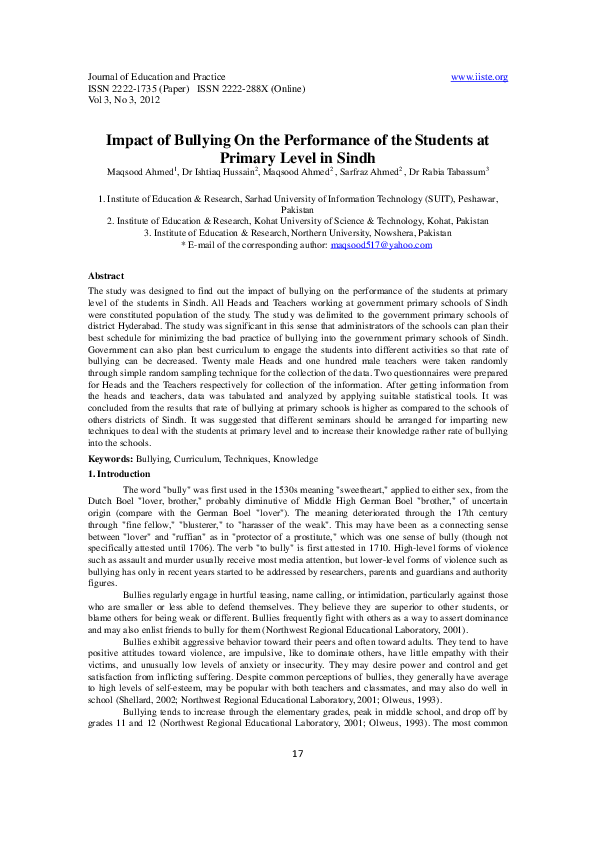 (PDF) 11.Impact of Bullying On the Performance of the Students at ...