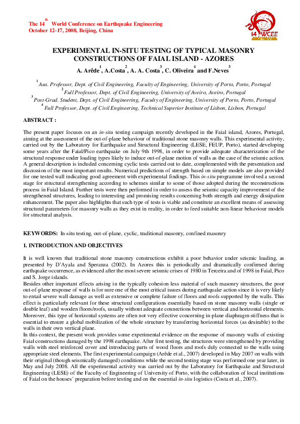 (PDF) Experimental In-Situ Testing of Typical Masonry Constructions of ...