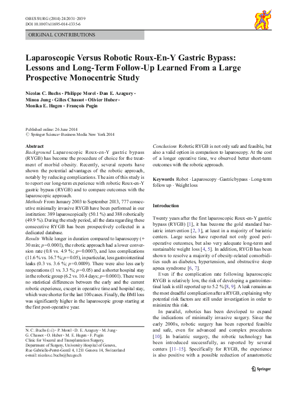 (PDF) Laparoscopic versus robotic Roux-en-Y gastric bypass: lessons and ...