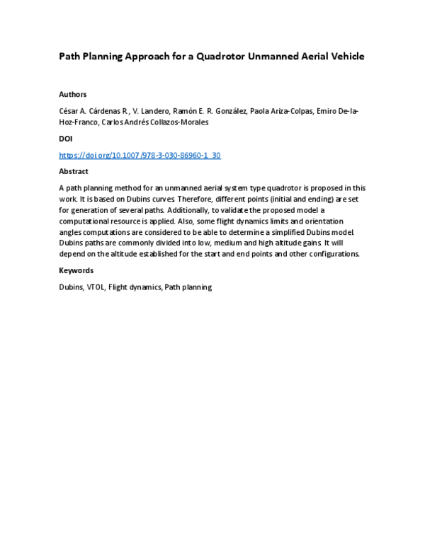 (PDF) Path Planning Approach for a Quadrotor Unmanned Aerial Vehicle