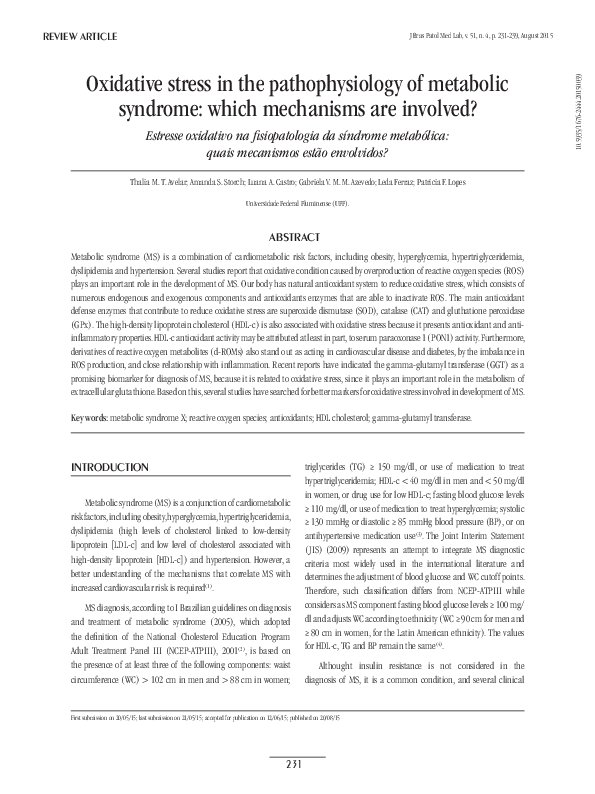 (PDF) Oxidative stress in the pathophysiology of metabolic syndrome ...