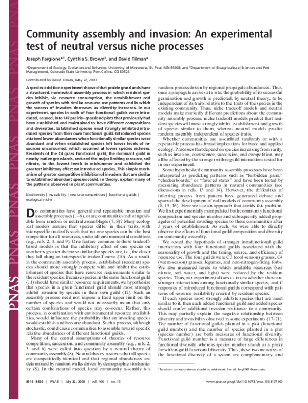 (PDF) Community assembly and invasion: An experimental test of neutral ...