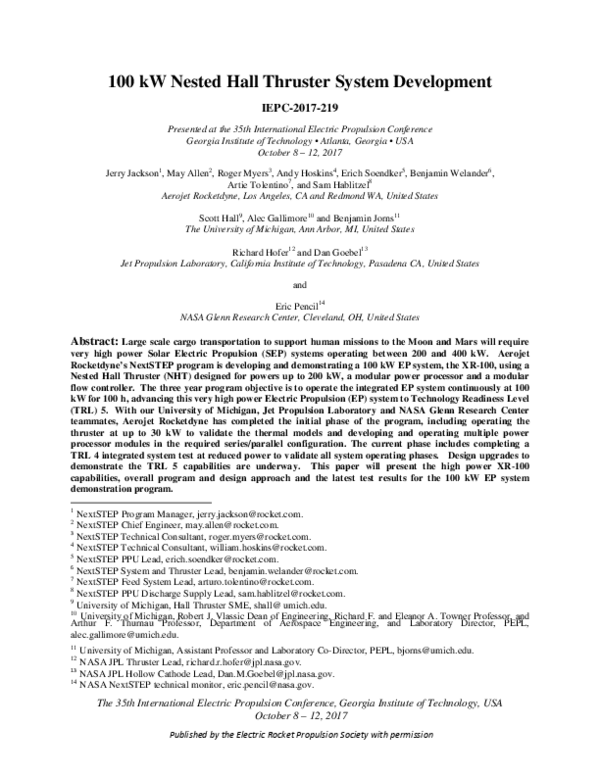 (PDF) 100 kW Nested Hall Thruster System Development [STUB]