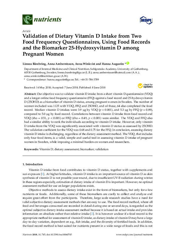 (PDF) Validation of Dietary Vitamin D Intake from Two Food Frequency ...