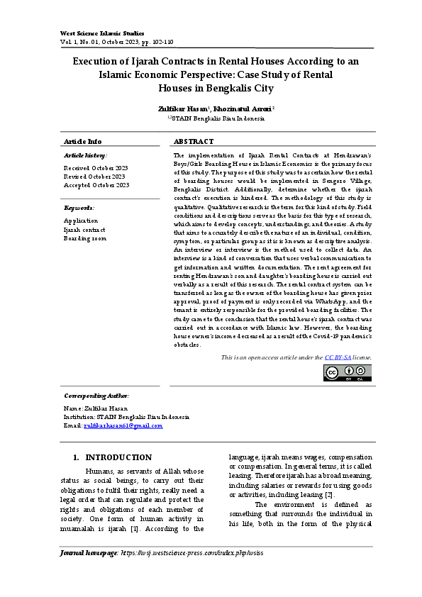 (PDF) Execution of Ijarah Contracts in Rental Houses According to an ...