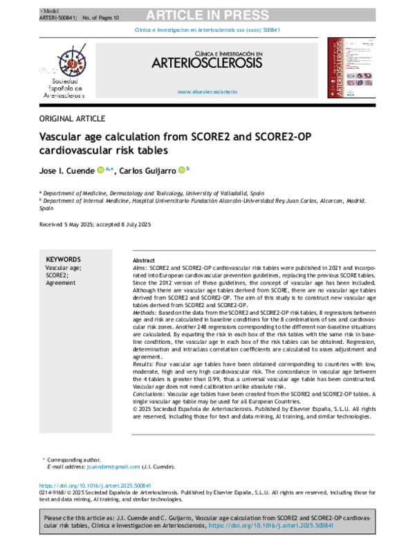 (PDF) Vascular age calculation from SCORE2 and SCORE2-OP cardiovascular ...