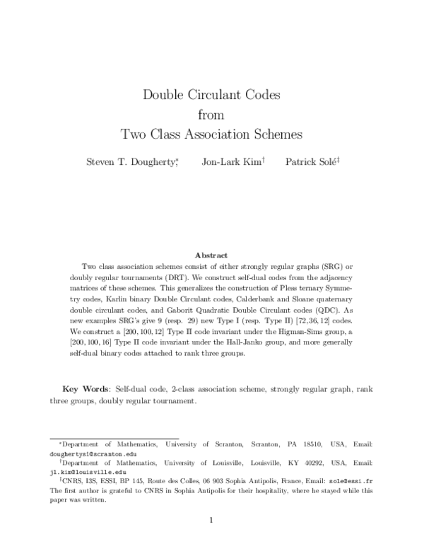 (PDF) Double circulant codes from two class association schemes