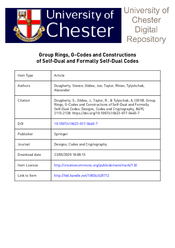 (PDF) Group rings, G-codes and constructions of self-dual and formally ...