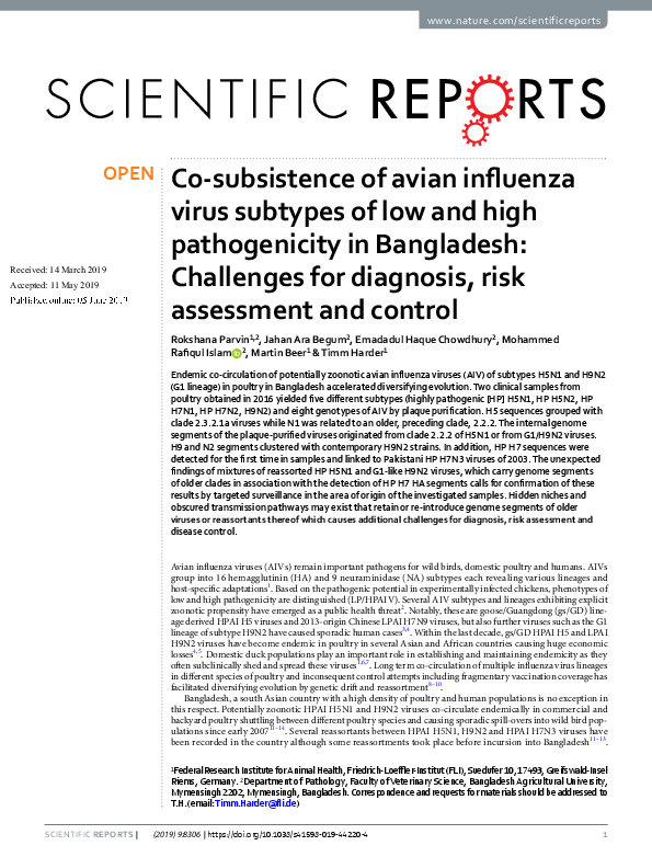 (PDF) Co-subsistence of avian influenza virus subtypes of low and high ...