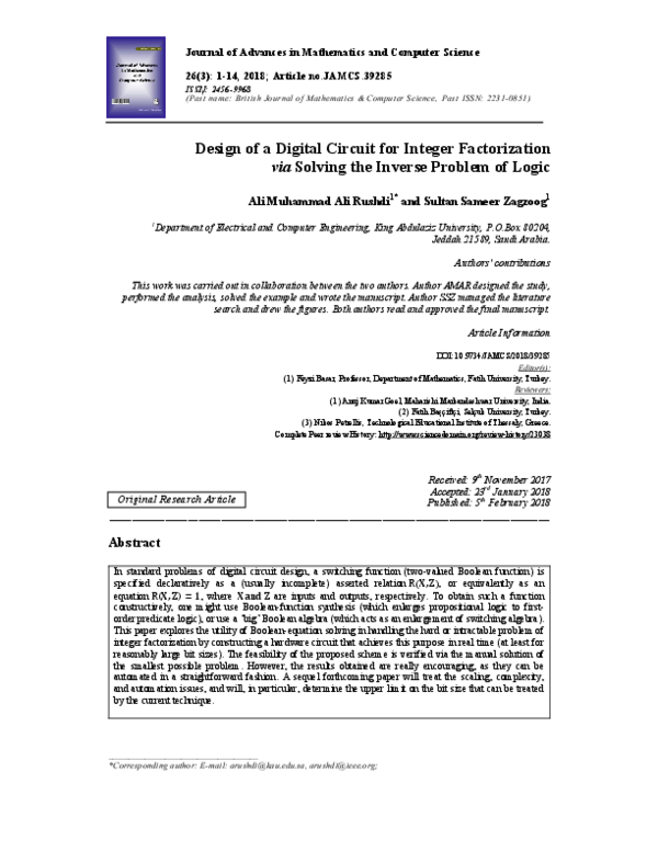 (PDF) Design of a Digital Circuit for Integer Factorization via Solving ...