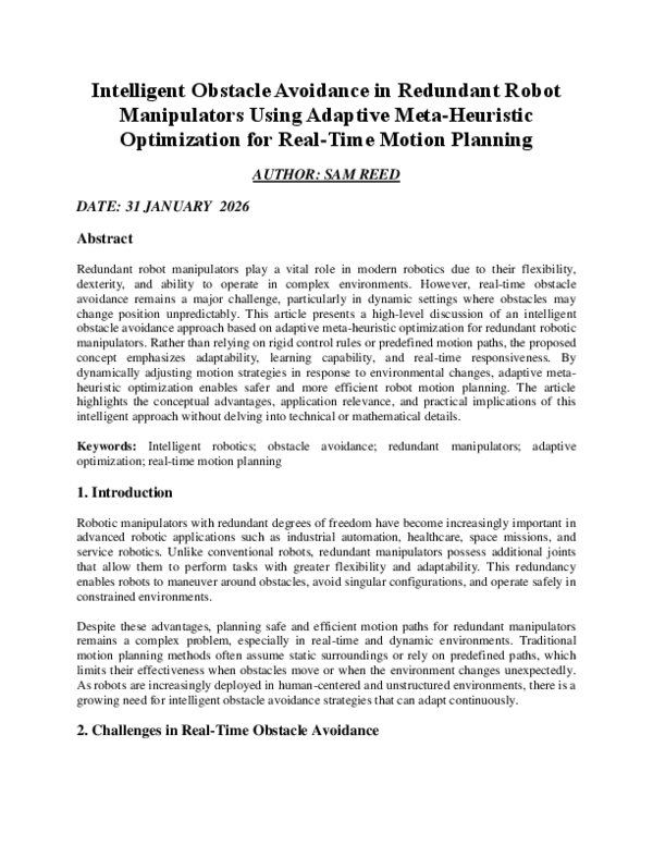 (PDF) Intelligent Obstacle Avoidance in Redundant Robot Manipulators ...