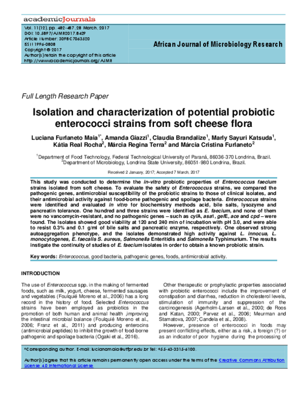 (PDF) Isolation and characterization of potential probiotic enterococci ...