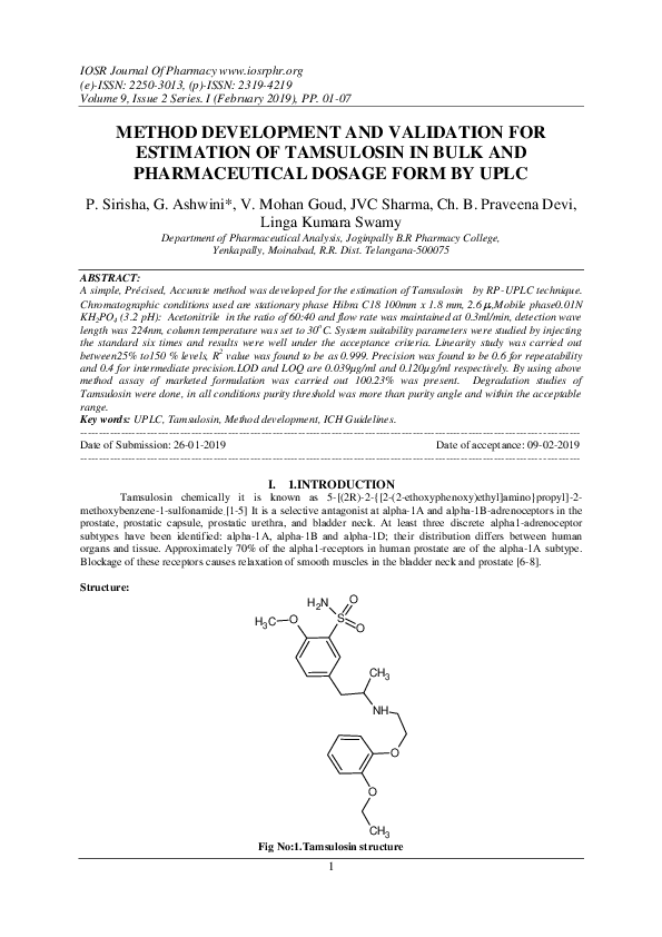 (PDF) METHOD DEVELOPMENT AND VALIDATION FOR ESTIMATION OF TAMSULOSIN IN ...