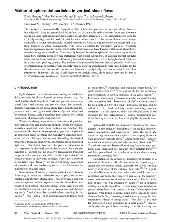 (PDF) Motion of spheroidal particles in vertical shear flows