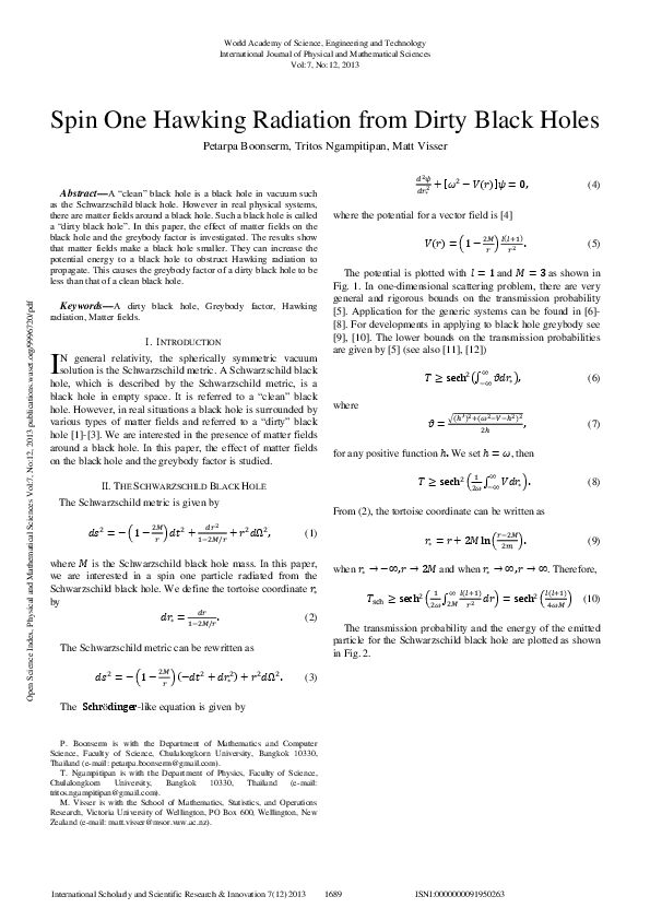 (PDF) Spin One Hawking Radiation From Dirty Black Holes