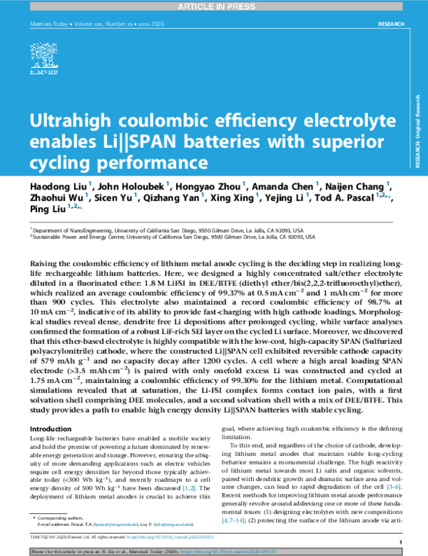 (PDF) Ultrahigh coulombic efficiency electrolyte enables Li||SPAN ...