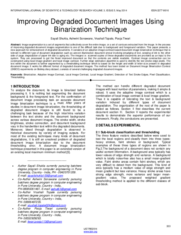 (PDF) Improving Degraded Document Images Using Binarization Technique