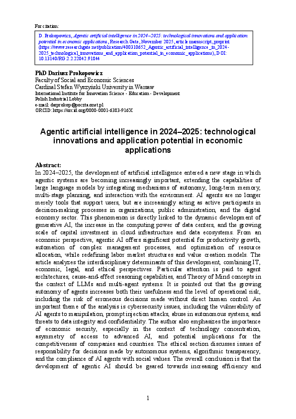 (PDF) Agentic artificial intelligence in 2024–2025: technological ...