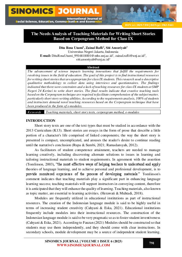 (PDF) The Needs Analysis of Teaching Materials for Writing Short ...