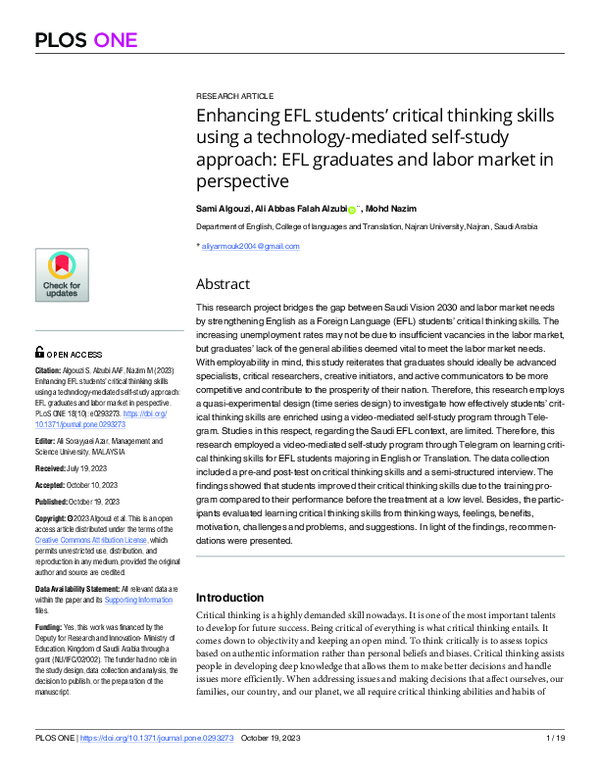 (PDF) Enhancing EFL students’ critical thinking skills using a ...